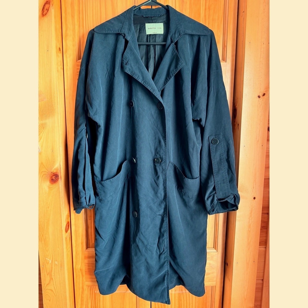 Aritzia Babaton Fluid Drape Trench 100% Silk Navy Button Roll Sleeve I-Ol L Flaw